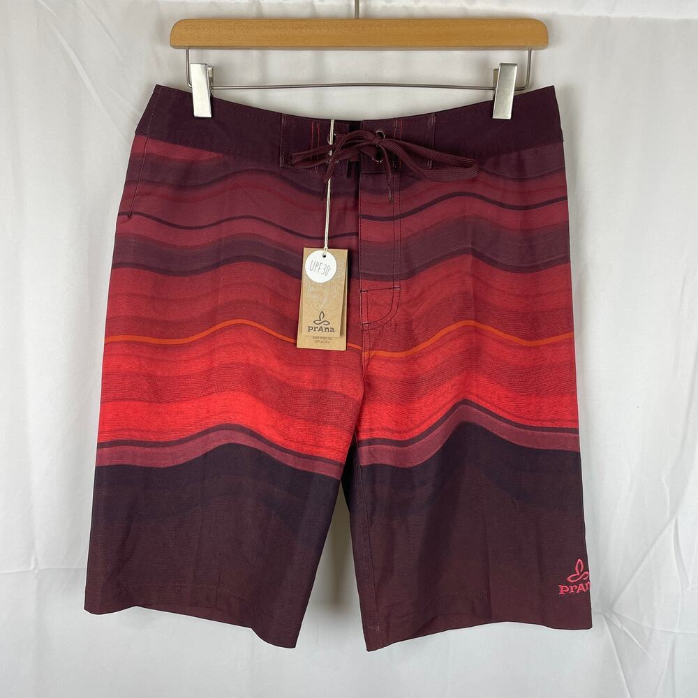 Prana Sediment Board Shorts Red Tie Waist UPF 30+ Surf 10" Inseam Size 30